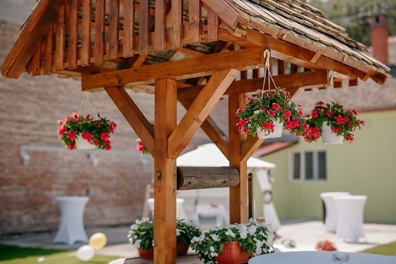 decoration, backyard, flowerpot, hanging, structure, wood, patio, area, house, architecture