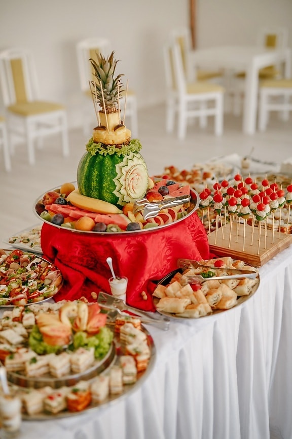 watermelon, carvings, snack, buffet, food, delicious, baked goods, dinner, banquet, restaurant