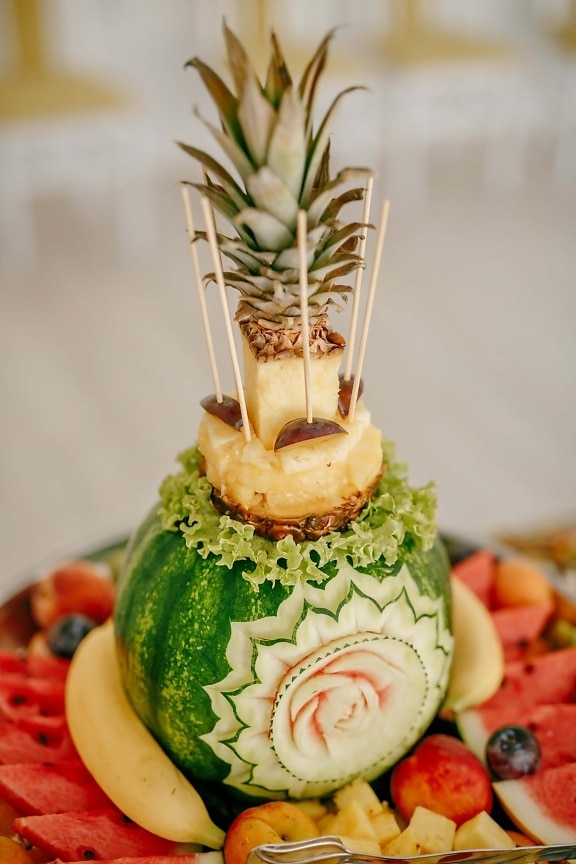 watermelon, carving, pineapple, decoration, fruit, citrus, banana, peach, food, delicious