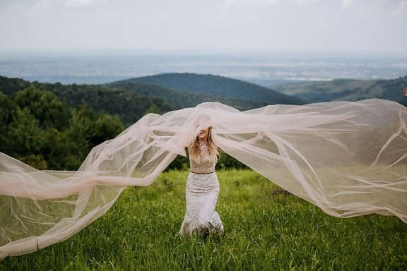 veil, pretty girl, hike, hiker, hillside, hilltop, girl, nature, woman, grass