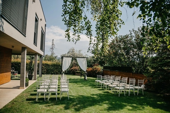 elegant, wedding venue, patio, chairs, backyard, lawn, garden, tree, home, house