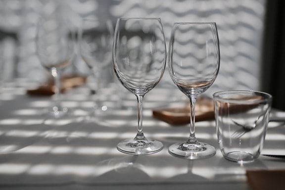 crystal, empty, glass, glassware, tablecloth, table, tableware, shadow, glasses, reflection