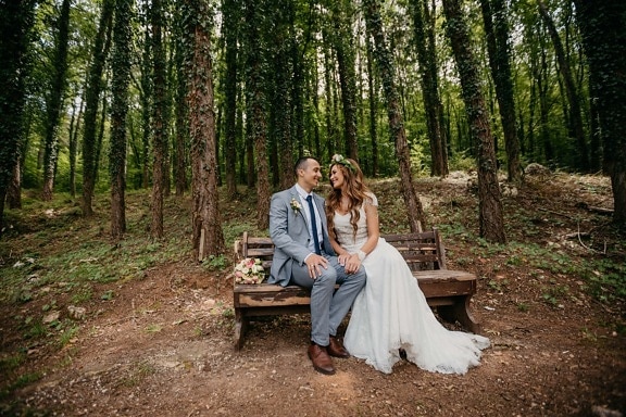 groom, bride, forest, forest path, bench, sitting, girl, couple, tree, wood