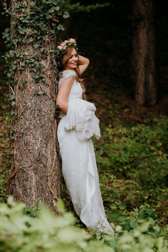 goddess, bride, princess, pretty girl, nymph, forest, trees, ivy, fashion, nature