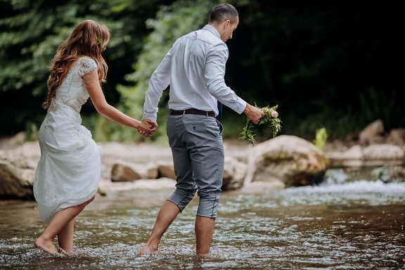 woman, man, crosswalk, river, legs, barefoot, happy, outdoors, love, water