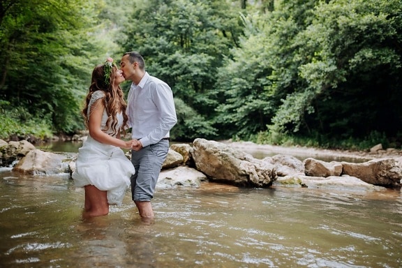 kiss, woman, man, water, creek, standing, river, love, nature, togetherness