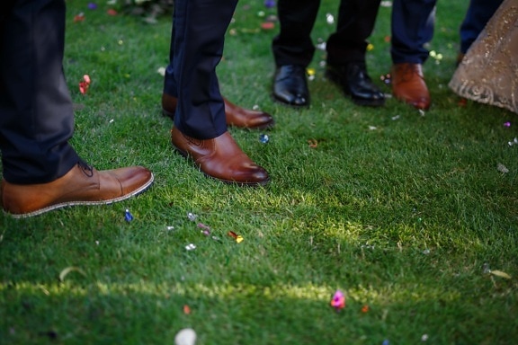 мужчины, Обувь, Брюки, ноги, газон, чистка обуви, трава, фут, обувь, люди
