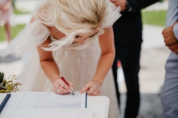bride, signing, marriage, signature, holding pencil, book, woman, love, pretty, romance