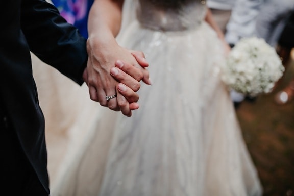 holding hands, bride, groom, together, relationship, marriage, woman, wedding, person, love