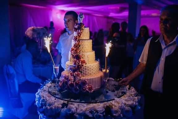 gâteau de mariage, salle de mariage, spectaculaire, barman, mariage, boîte de nuit, célébration, gens, parti, performances