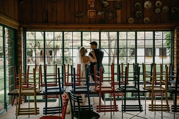 bride, groom, cafeteria, empty, restaurant, tables, chairs, people, chair, furniture