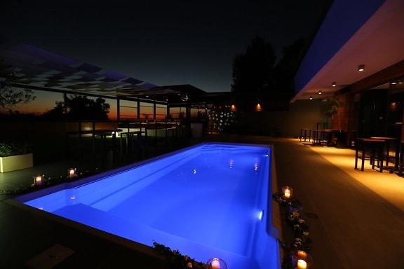 piscine, hôtel, nuit, boîte de nuit, spectaculaire, fantaisie, lumière, soirée, architecture, crépuscule