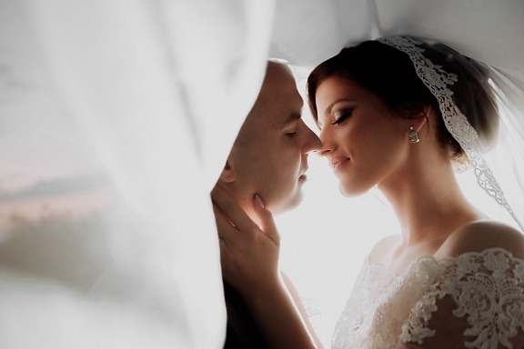 groom, bride, underneath, veil, hugging, kiss, woman, love, wedding, romance