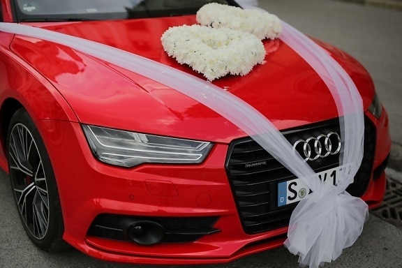 Audi, sports car, red, wedding, wedding bouquet, roadster, automotive, automobile, speed, car