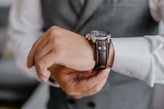 wristwatch, fancy, expensive, clock, leather, brown, hand, man, touch, business