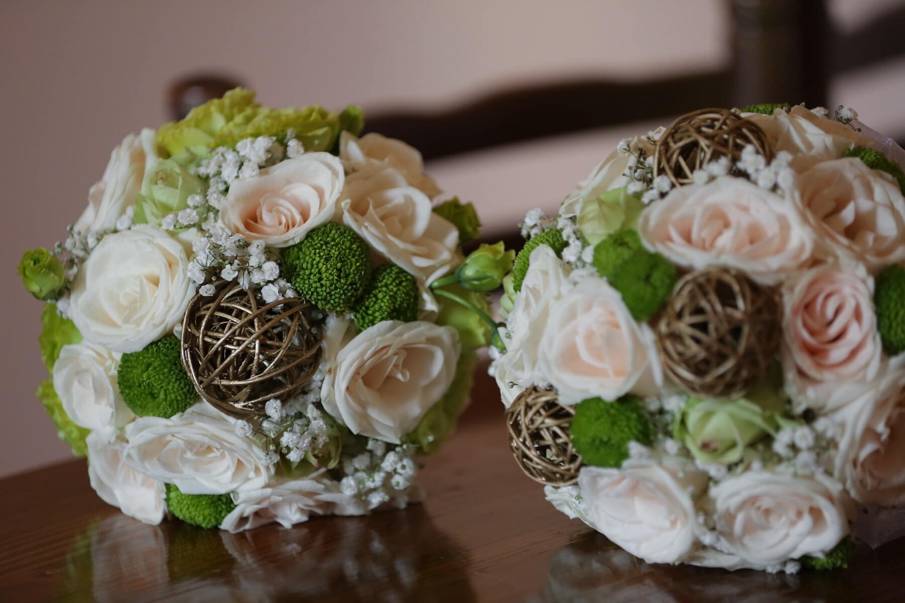 pair, wedding bouquet, table, handmade, close-up, arrangement, bouquet, rose, romance, decoration