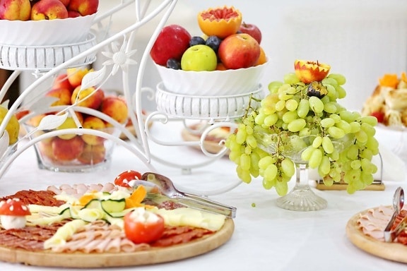 verde amarelo, uvas, frutas, laranjas, pêssego, maçãs, salame, salsicha, buffet de, elegante