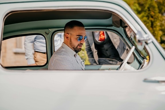 Fiat 750, man, car seat, driving, oldtimer, small, car, side view, transportation, vehicle, person