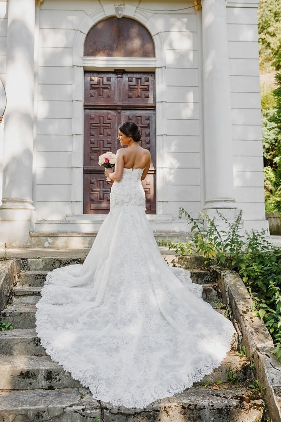 staircase, wedding dress, bride, posing, dress, marriage, love, wedding, outdoors, architecture