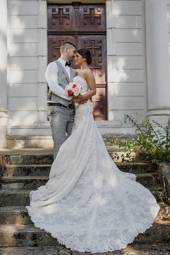 love, romantic, kiss, tenderness, bride, groom, affection, staircase, standing, dress