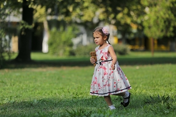 lijepa djevojka, trčanje, plišani medo igračka, drži, park, trava, dijete, ljeto, sretan, vanjski
