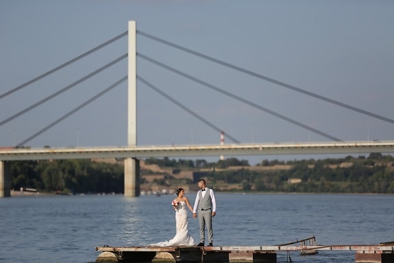 groom, newlyweds, bride, harbour, people, bridge, pier, water, device, river