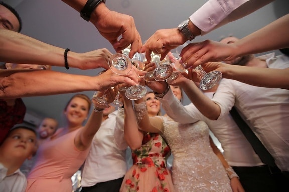 champagne, white wine, hands, party, group, people, woman, man, girl, friendship