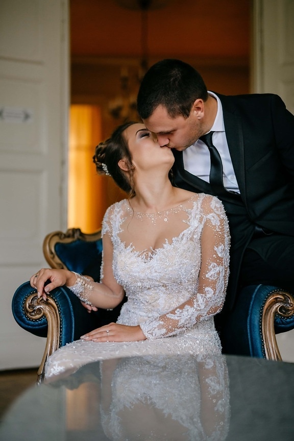 armchair, salon, groom, bride, baroque, kiss, woman, wedding, people, love
