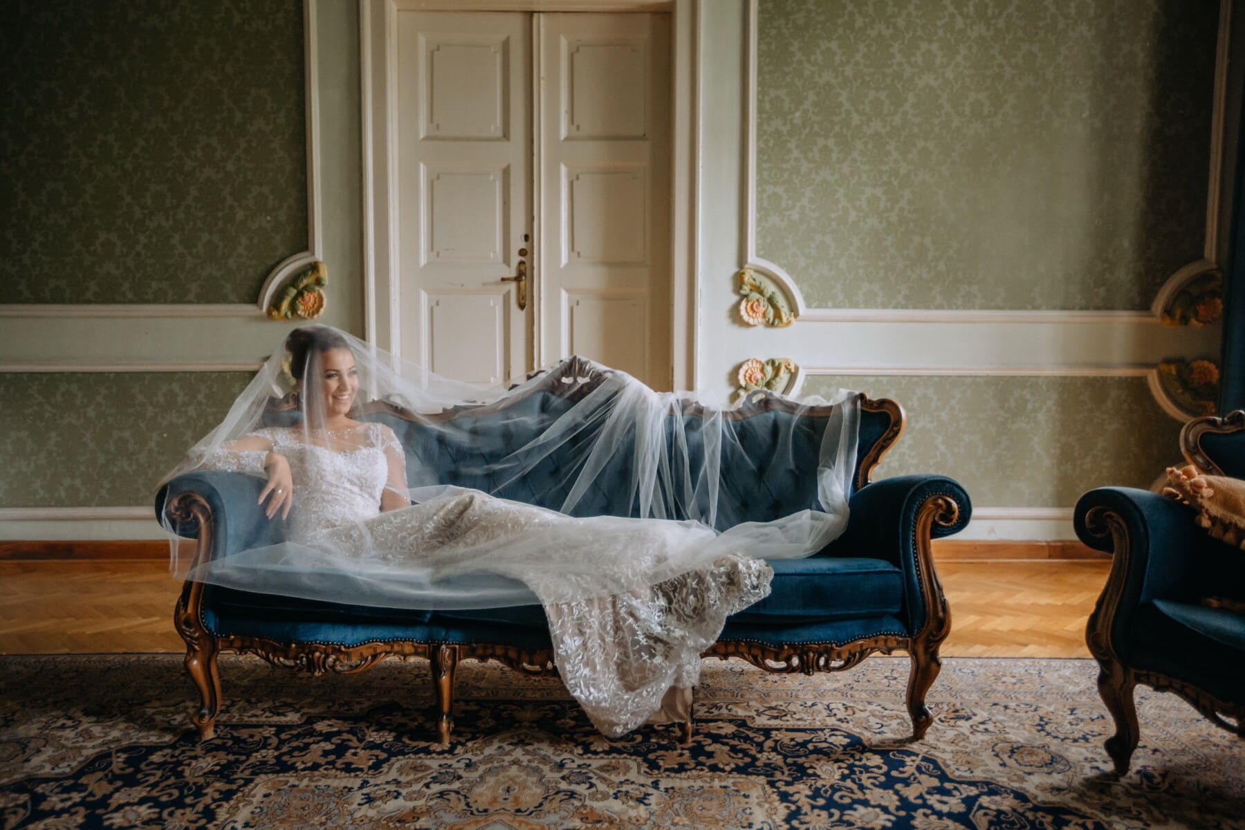 bride, laying, couch, baroque, sofa, lifestyle, fancy, room, interior, home