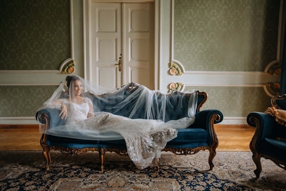 la mariée, portant, canapé, baroque, canapé, mode de vie, fantaisie, chambre, à l’intérieur, Accueil