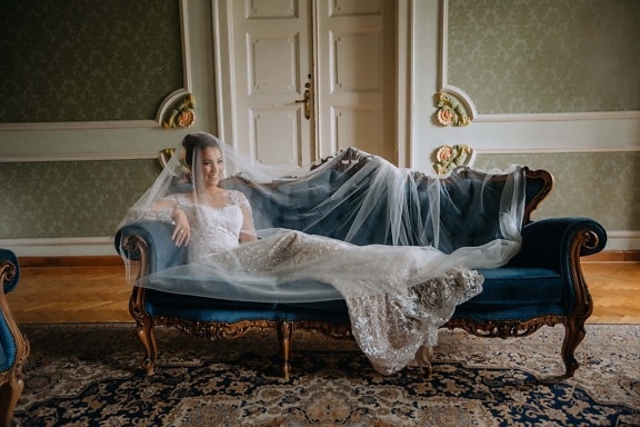 couch, bride, baroque, laying, wedding dress, veil, lifestyle, fancy, luxury, interior