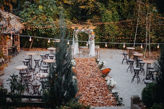 wedding venue, backyard, cafeteria, furniture, garden, decoration, light bulb, tree, outdoors, nature