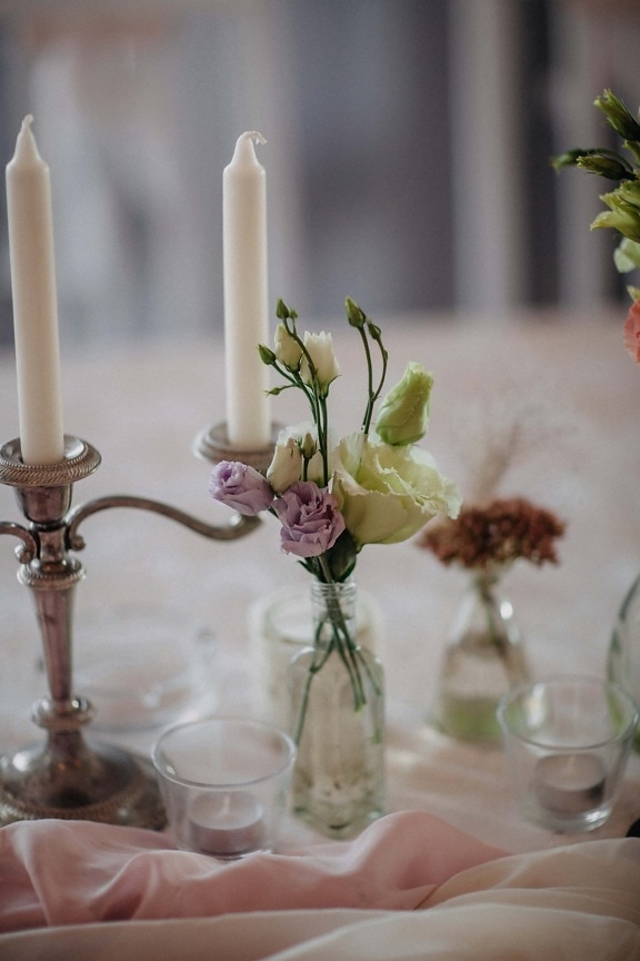 candles, white, candlestick, fancy, silver, elegant, candle, glass, still life, flower