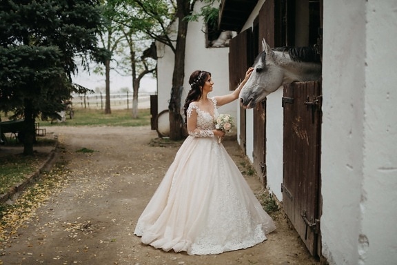 невеста, лошадь, сельскохозяйственные угодья, Сельский дом, сарай, двор, место свадьбы, сельской местности, деревня, свадебное платье