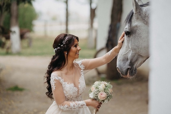 bride, pretty girl, horse, white, wedding, woman, groom, portrait, fashion, nature