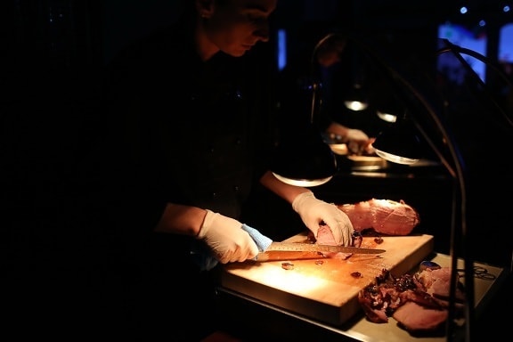 cooking, chef, pork loin, meat, restaurant, nightlife, lamp, kitchen table, person, people