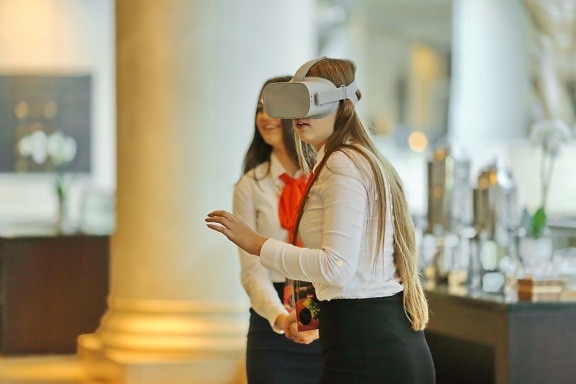 virtual reality headset, gadgets, eyewear, electronics, technology, mobile phone, businesswoman, woman