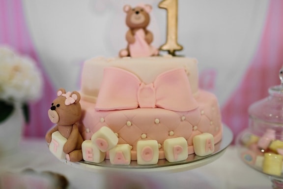 bébé, décoration, ours en peluche, gâteau d’anniversaire, célébration, parti, confiserie, gâteau, bougie, à l'intérieur