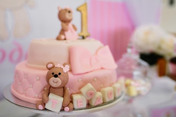 cake, birthday cake, pinkish, teddy bear toy, confectionery, birthday, candy, indoors, luxury, chocolate