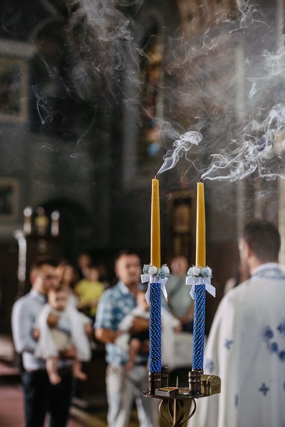 rook, kaarsen, doop, kerk, priester, licht, mensen, stad, man, ceremonie