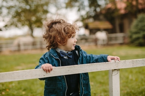 toddler, boy, standing, rail fence, village, countryside, fashion, bowtie, child, cute