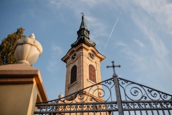 church tower, high, fence, gateway, cast iron, square, angle, corner, tower, old