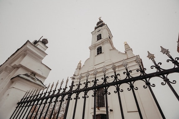 church, church tower, white, snow, snowflakes, winter, cold, cast iron, fence, tower