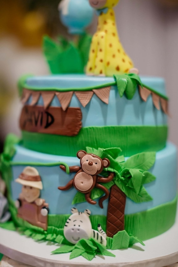 anniversaire, gâteau d’anniversaire, décoration, singe, Jungle, pâtisserie, amusement, mignon, célébration, drôle