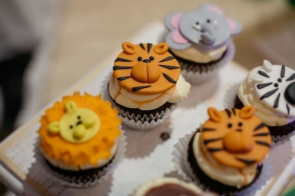 fødselsdag, cupcake, dekoration, part, dyr, tiger, sjov, kreativitet, dessert, parabol