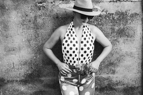 swimsuit, black and white, vintage, sunglasses, summer season, lady, hat, glamour, old fashioned, standing