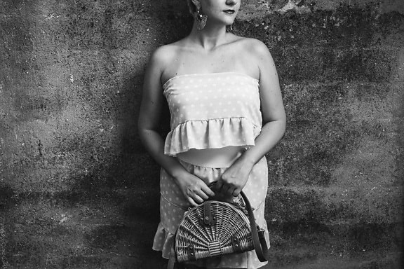 black and white, dress, skirt, vintage, old fashioned, handbag, old style, posing, pretty girl, wheelchair
