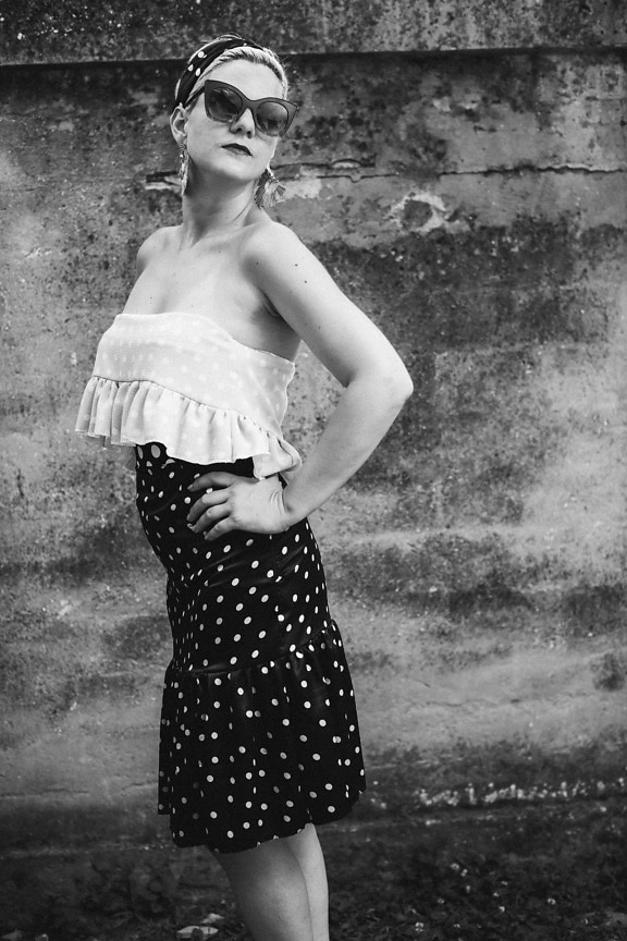 photo model, black and white, monochrome, vintage, photocopy, standing, pretty girl, dress, skirt, blonde hair