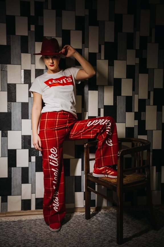 red, hat, photo studio, posing, young woman, fancy, outfit, photo model, pretty girl, pants