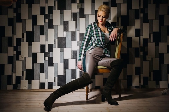outfit, fashion, trendy, style, boots, woman, pants, young woman, posing, sitting